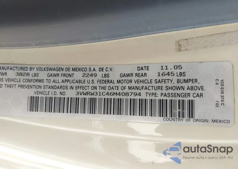 2006 Volkswagen New Beetle 2.5 from USA, damaged, VIN 3VWRW31C46M408794